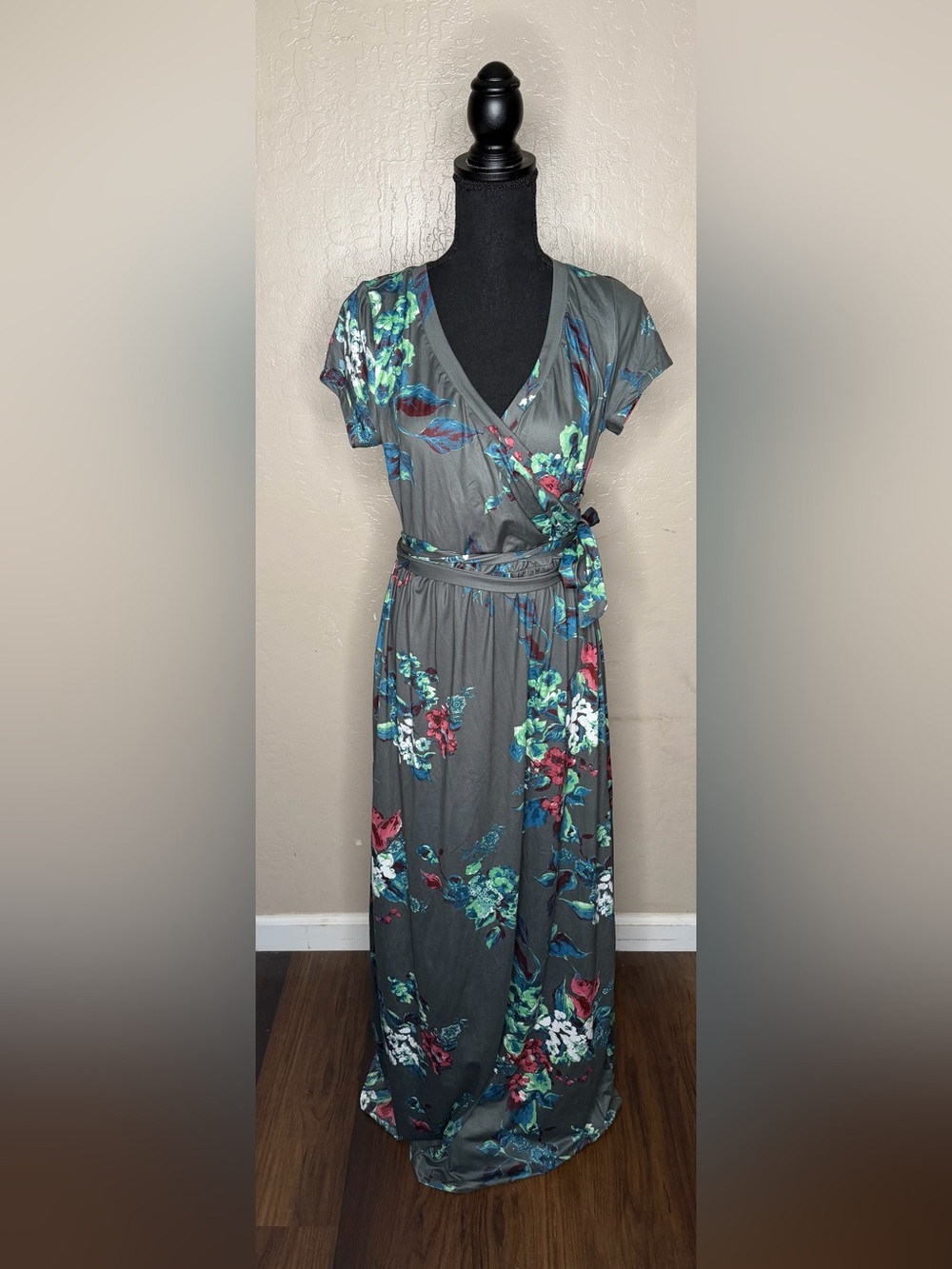 Gray Floral Wrap Dress with Tie Waist